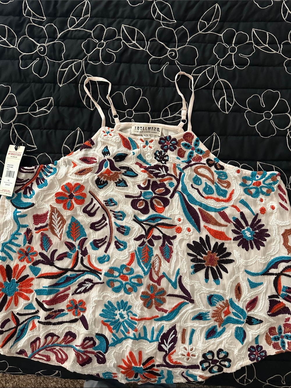 Idyllwind White Tank Top with Teal Orange Purple Floral Embroidery